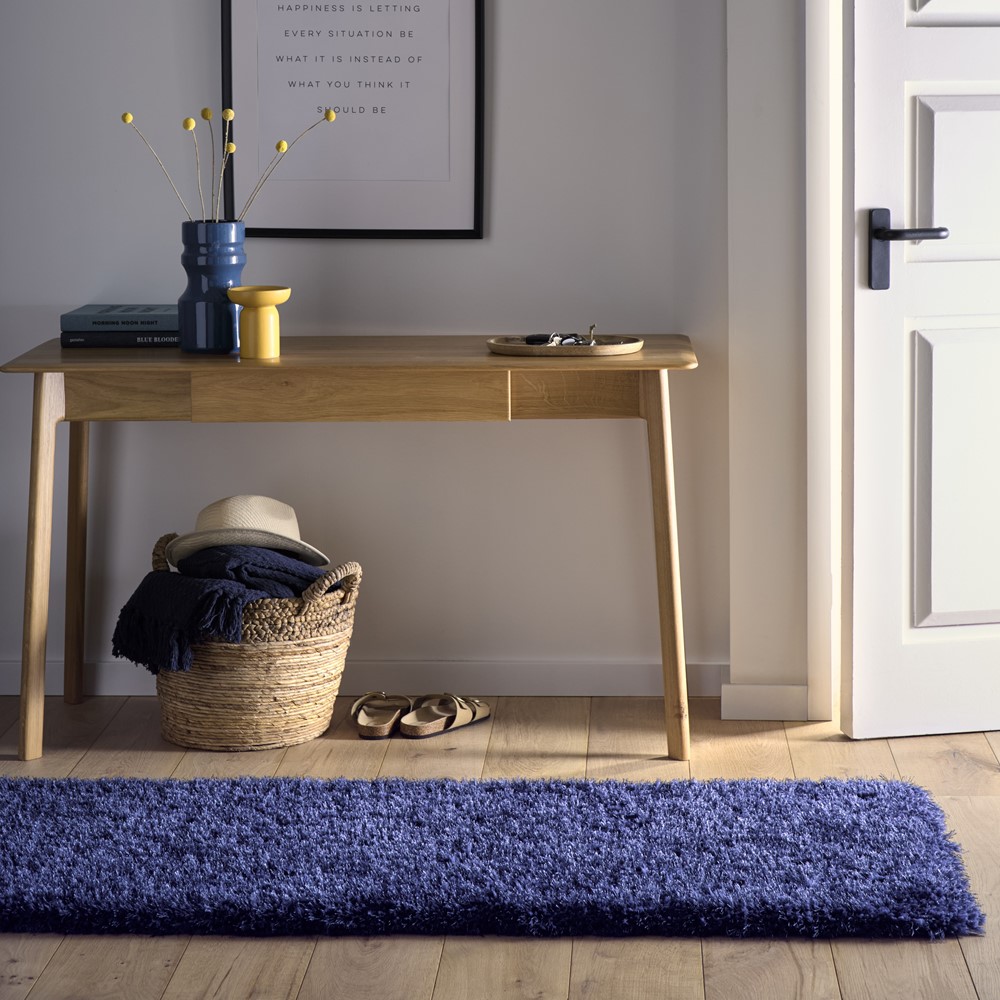 Chicago Shaggy Modern Plain Runner Rugs in Indigo Blue